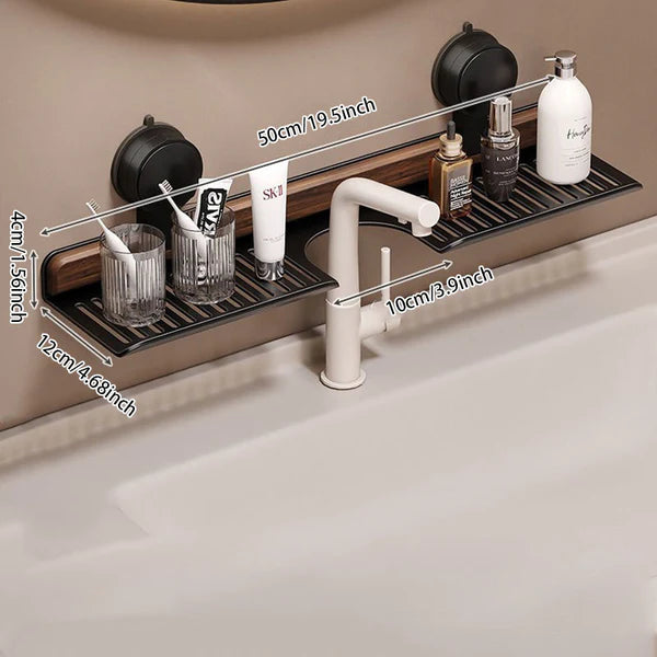 No-Drill Walnut Aluminum Faucet Rack Hollow Drainage & Heavy-Duty